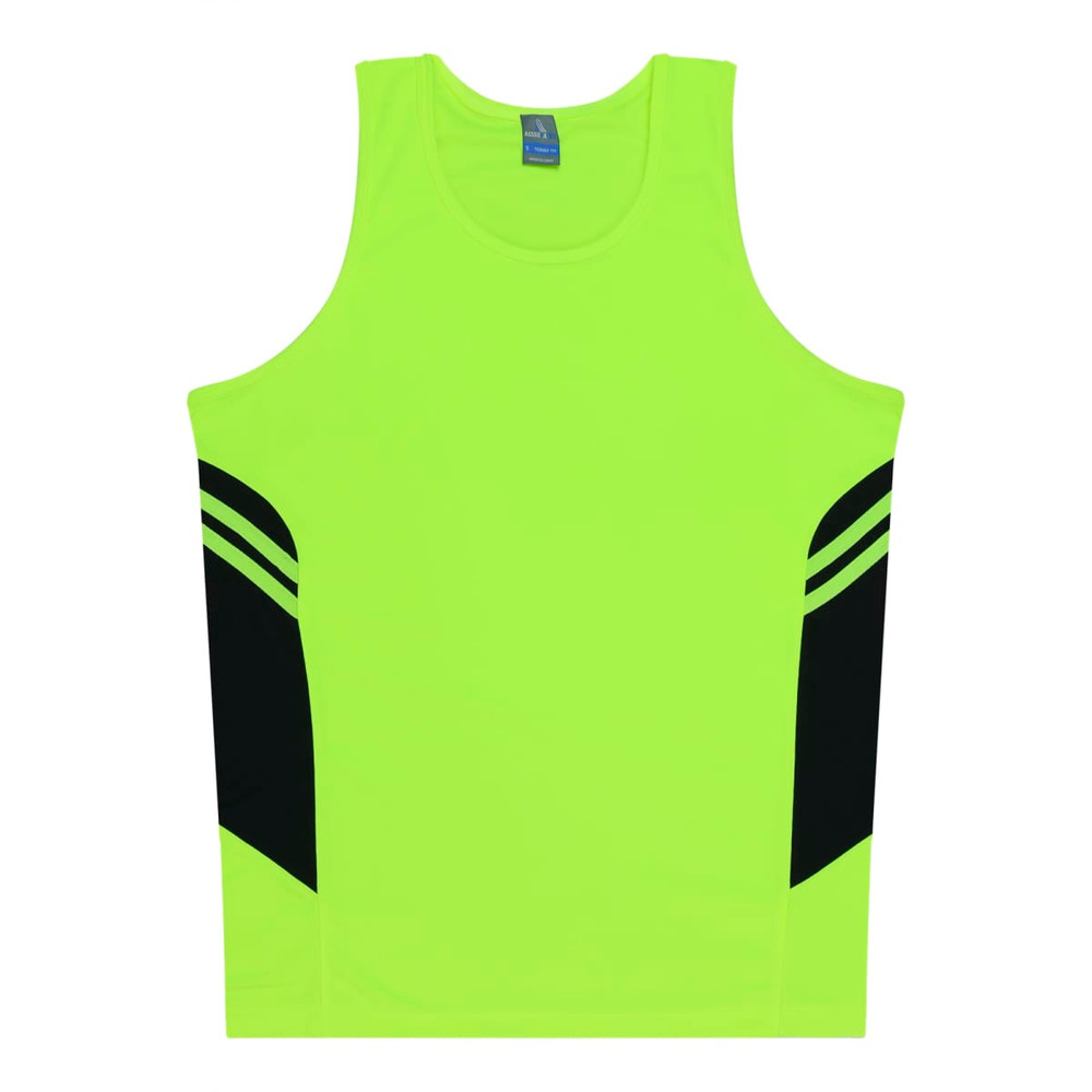 A bright yellow singlet with black side panels and a logo at the neckline. Ideal for kids.