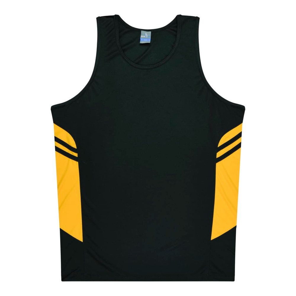 A dark green singlet with yellow side panels and a logo featured on the front.