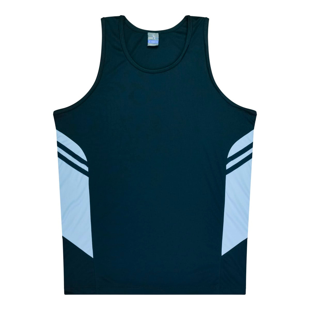 A dark green singlet featuring light blue panels on the sides. The garment has a logo on the upper area.