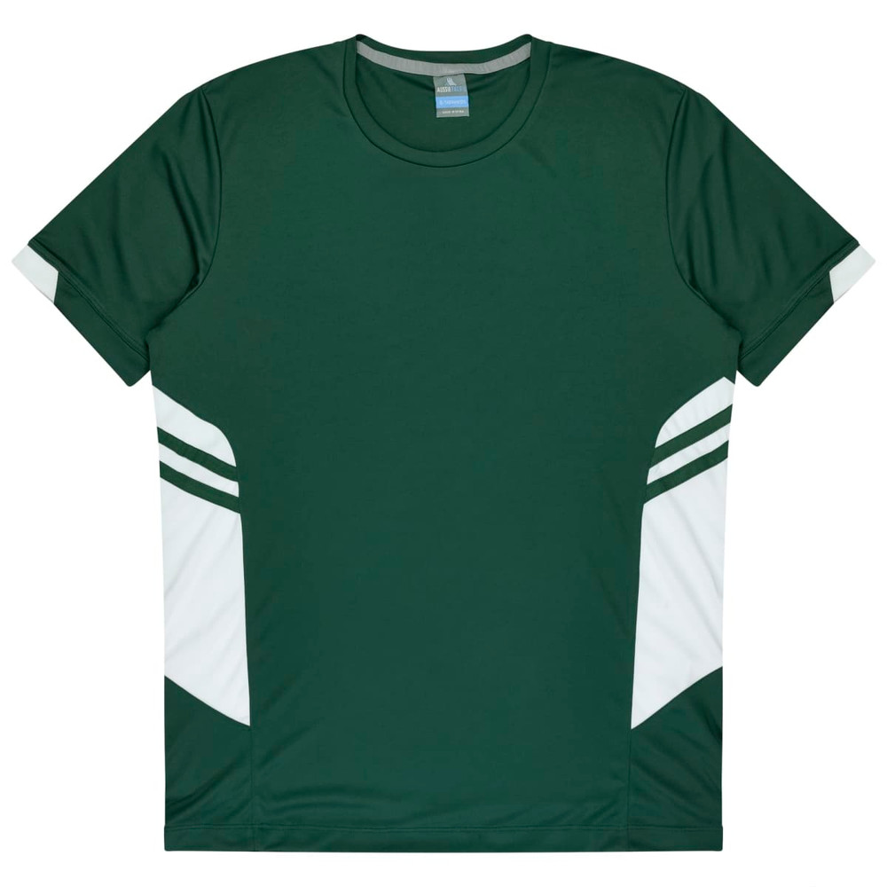 A green t-shirt with white side accents and a logo on the chest. Ideal for kids.