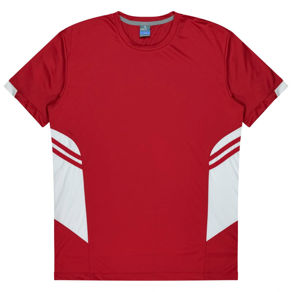 A red T-shirt featuring white and grey design elements and a branding logo.