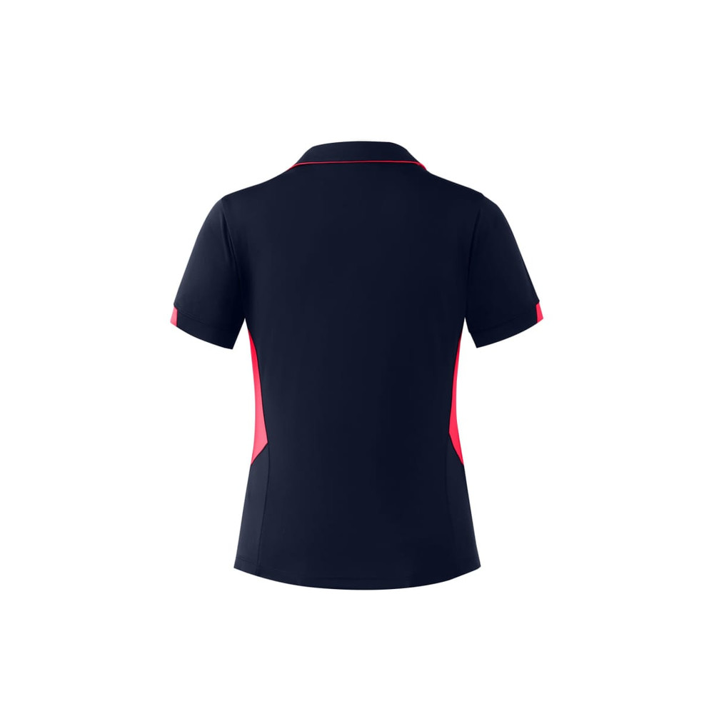 A navy polo shirt with pink accents and a logo, featuring a classic collar and short sleeves.