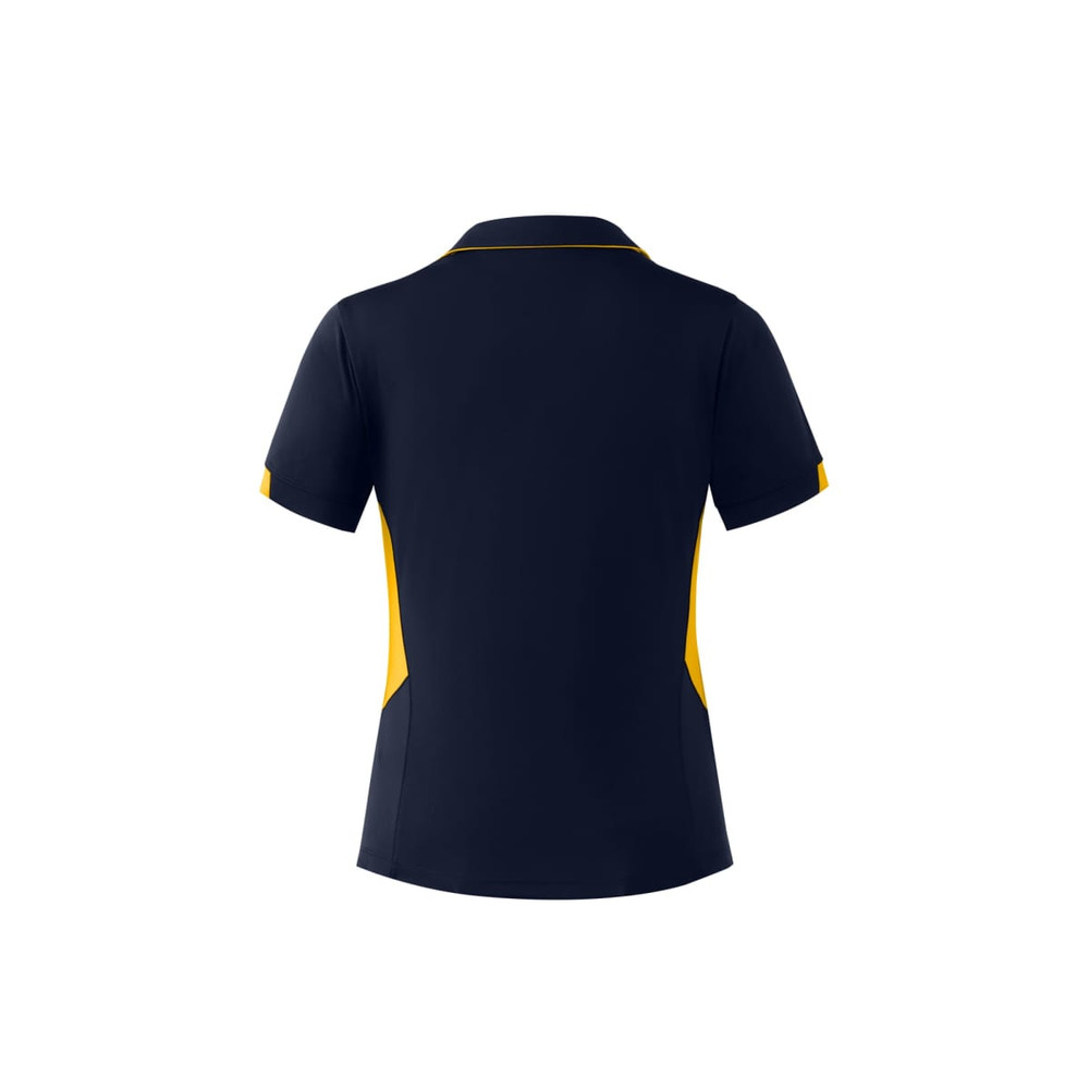 A navy blue polo shirt with yellow accents and a logo, featuring a classic collar and short sleeves.