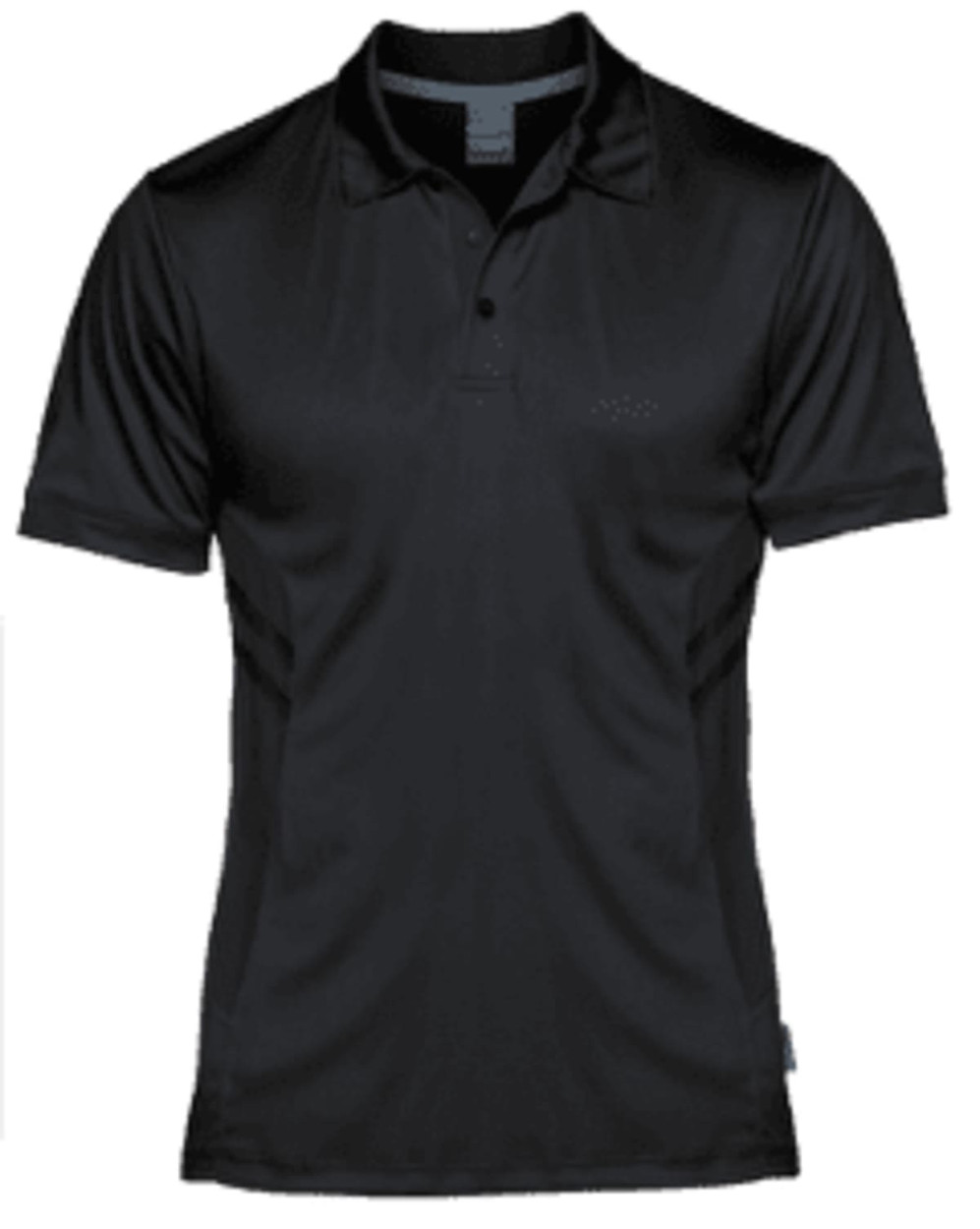 A black polo shirt featuring a collar and short sleeves, with a logo on the front.