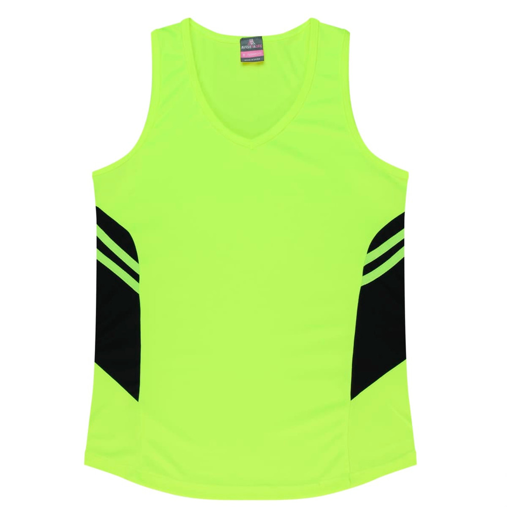 A bright fluorescent yellow singlet with black side panels and a v-neck design. It features a logo.