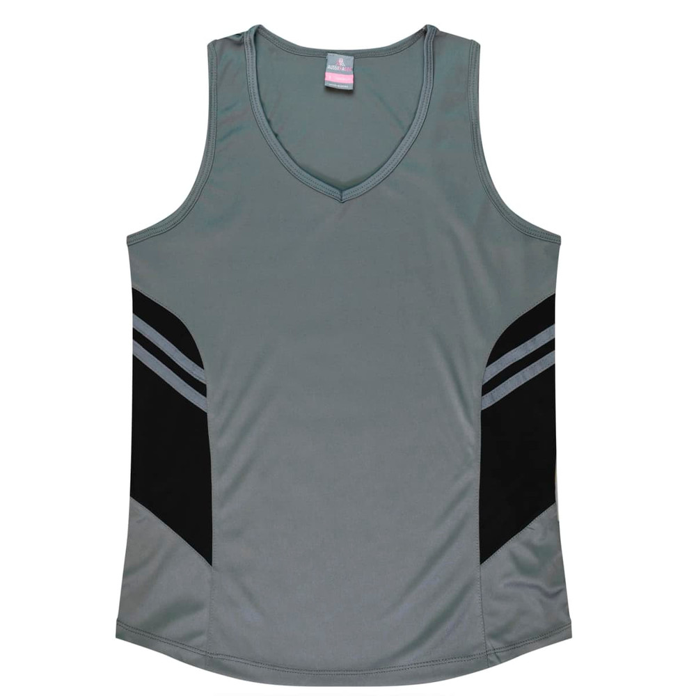 A grey singlet with black side panels and a v-neck design. It features a logo on the upper part.