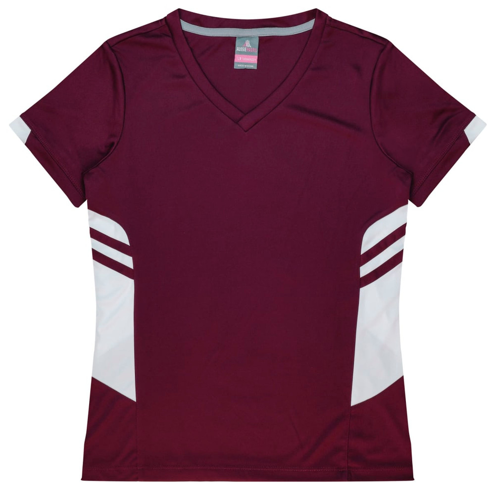 A maroon women's T-shirt featuring white side stripes and a V-neck design. It includes a logo.