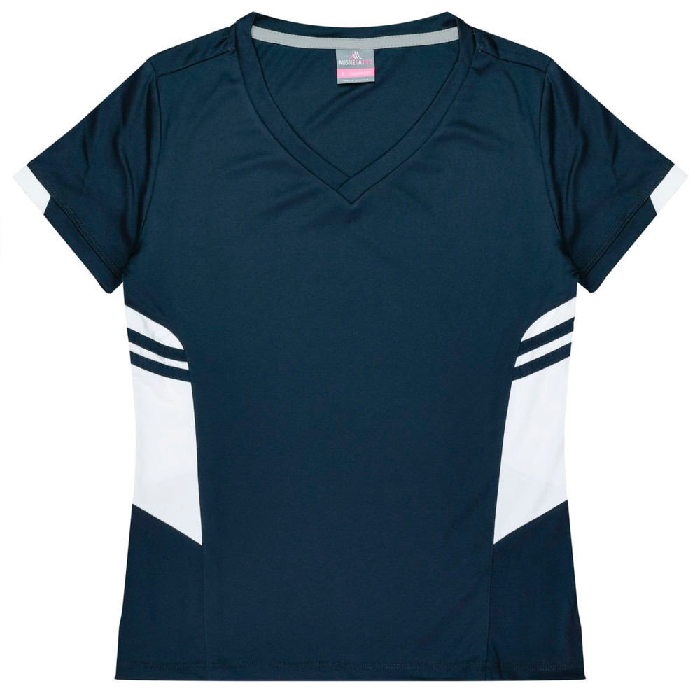 A navy T-shirt with white panels and stripes on the sides, featuring a V-neck design and a logo.