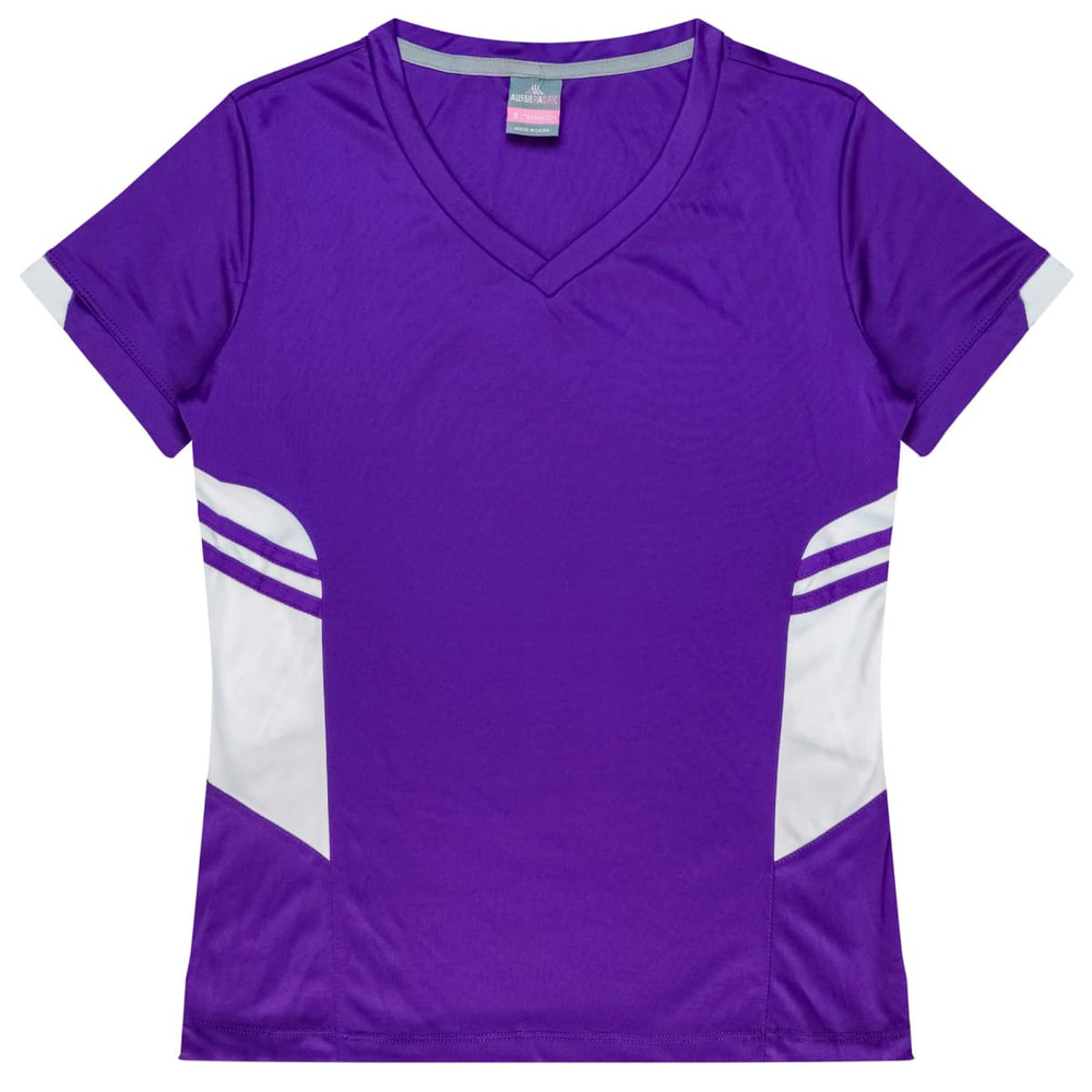 A purple women's t-shirt with white accents and a v-neck design, featuring a logo on the label.
