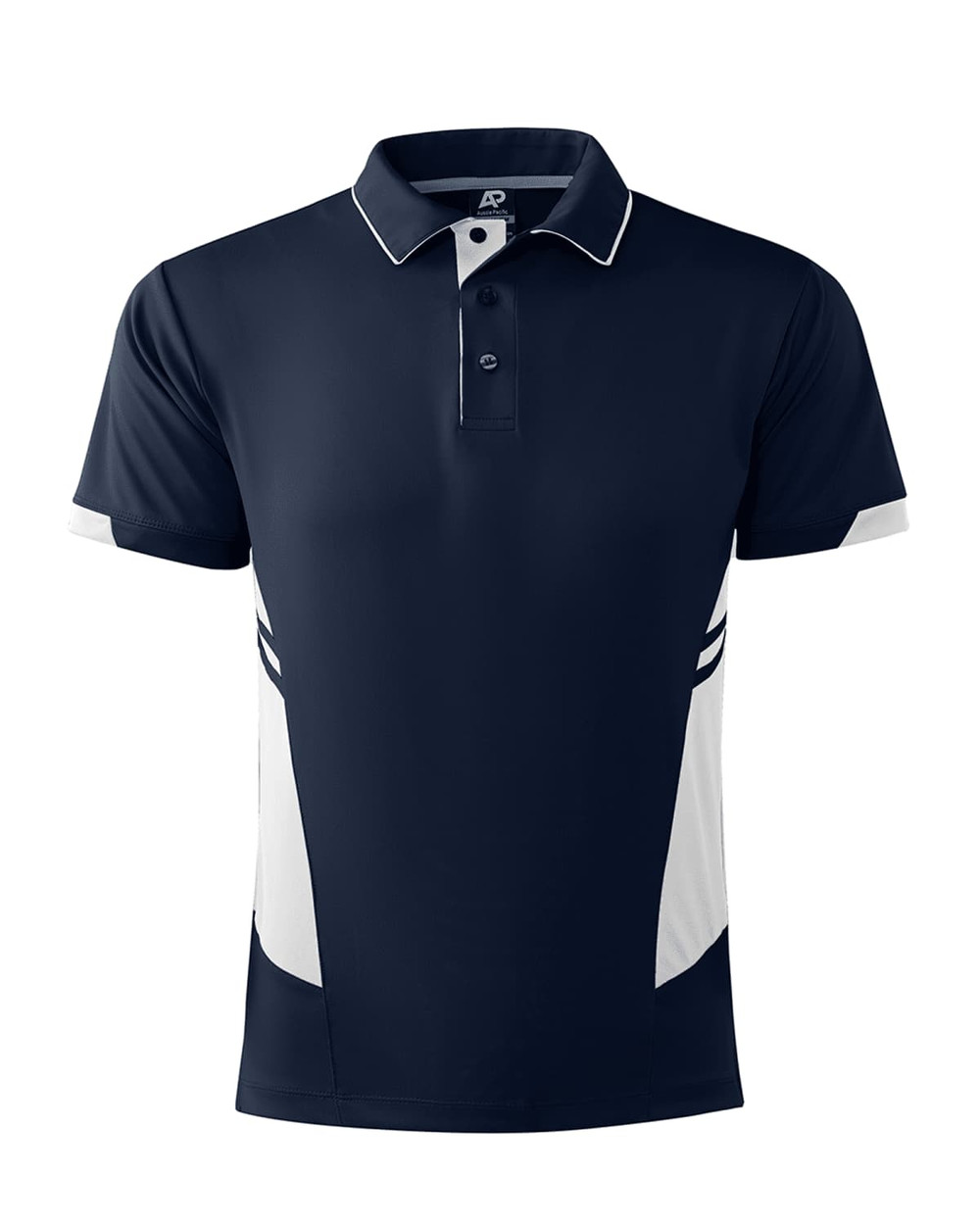 A navy blue polo shirt with white side panels and a collar, featuring a logo on the chest.