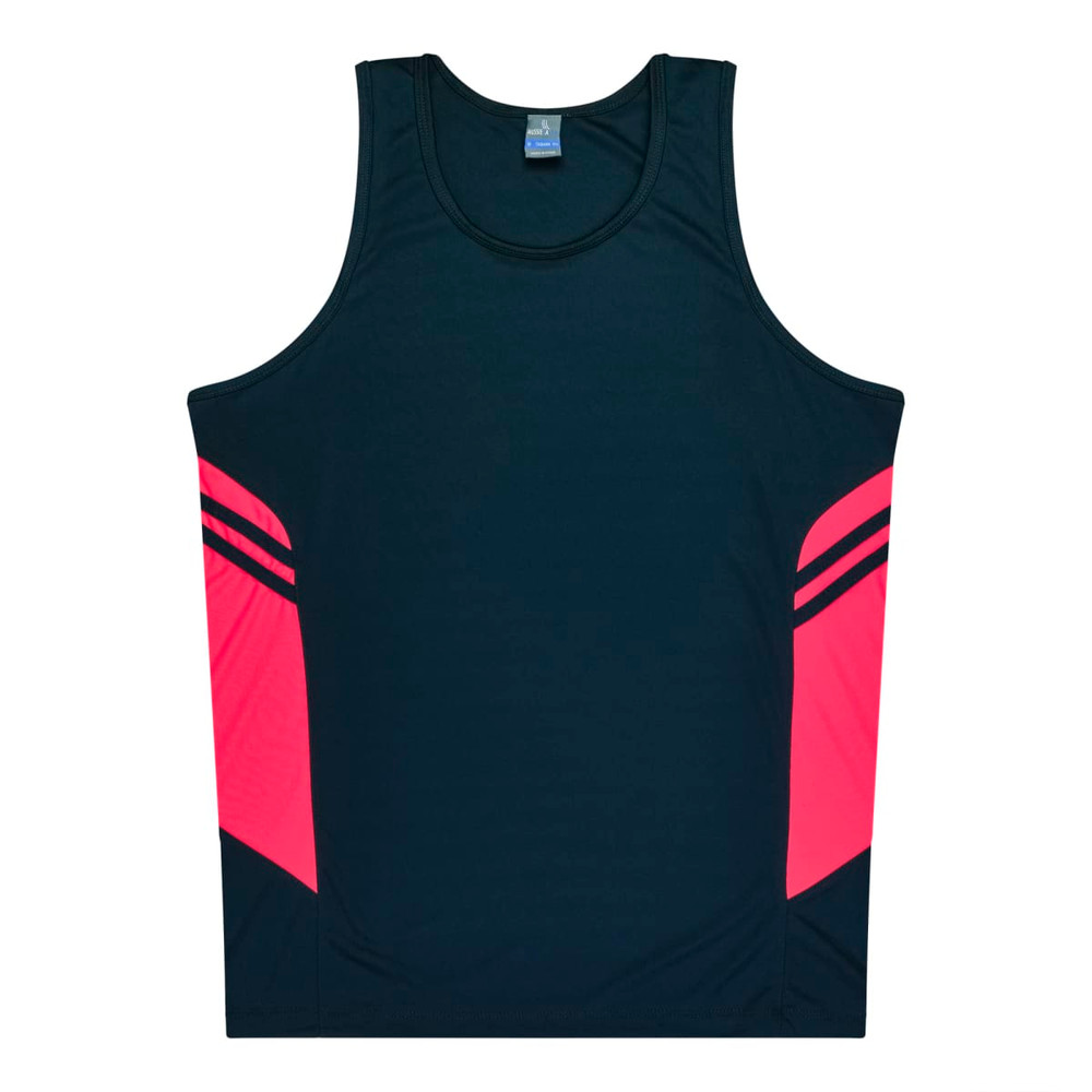 A dark navy singlet with bright pink side panels and a branding logo on the label.