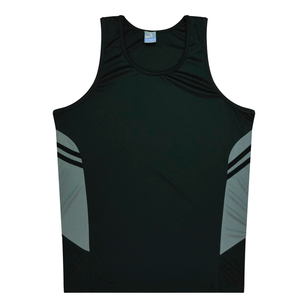A black singlet featuring grey side panels and a logo on the front.