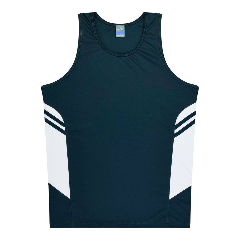 A black and white singlet featuring contrast stripes and a branded label. Suitable for kids.