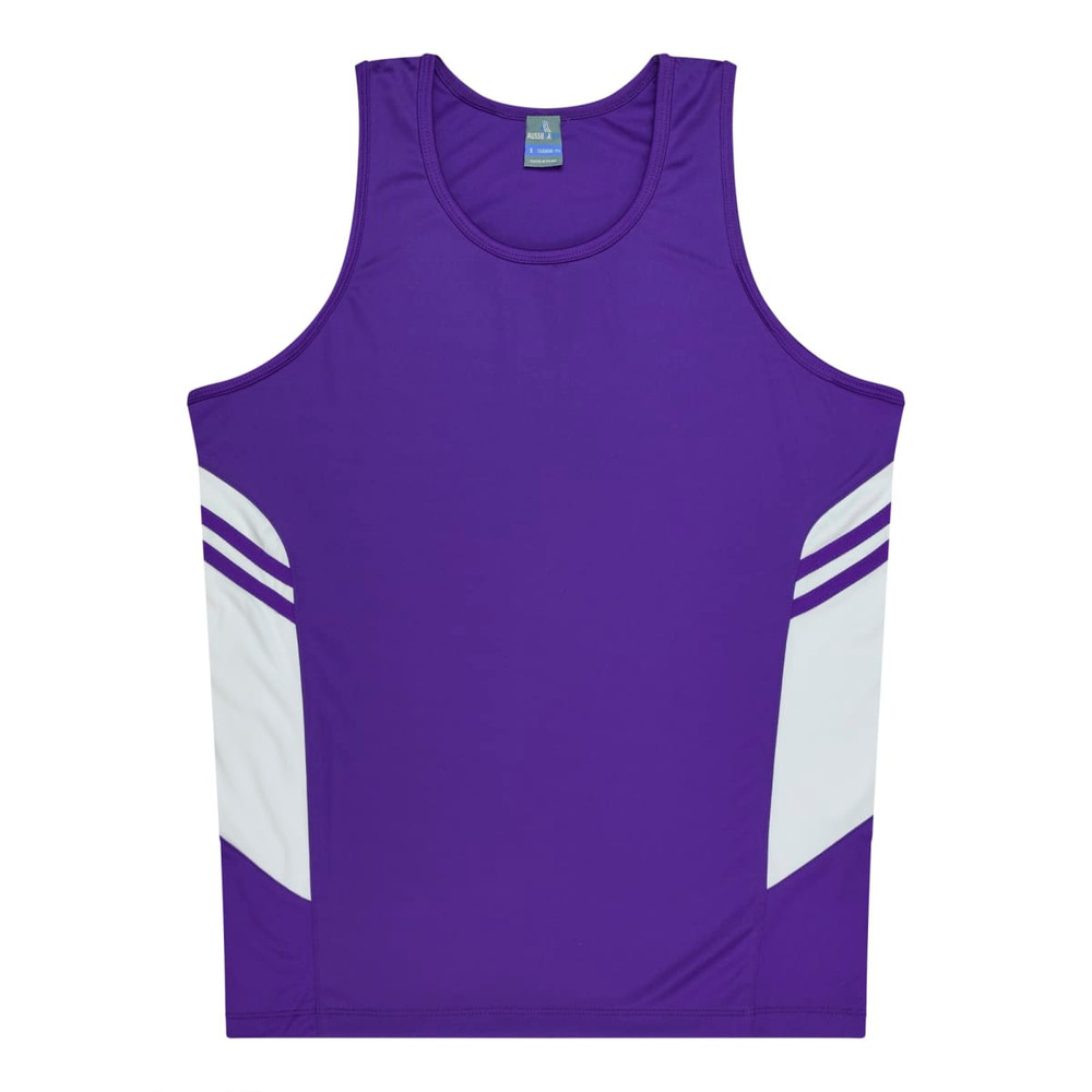 A purple singlet featuring white side panels and a logo. Suitable for kids and sports activities.