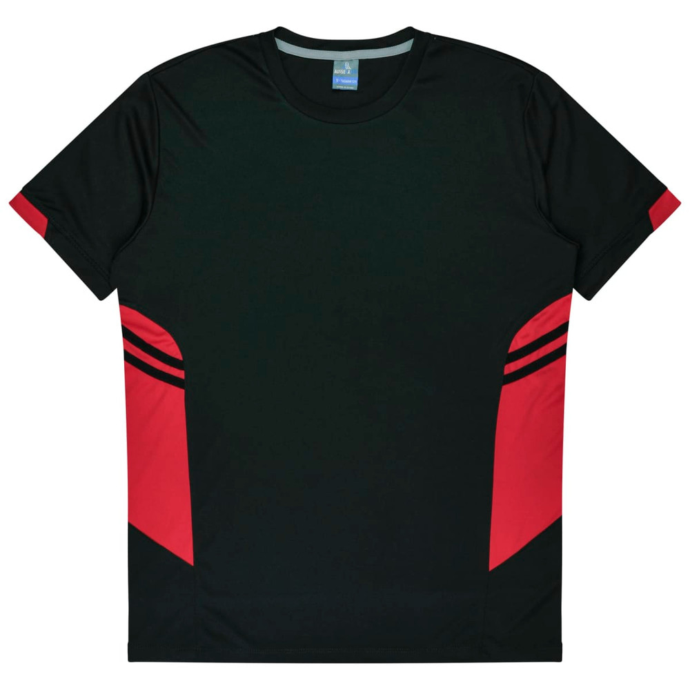 A black t-shirt with red accents on the sides and a logo on the collar. Ideal for kids.