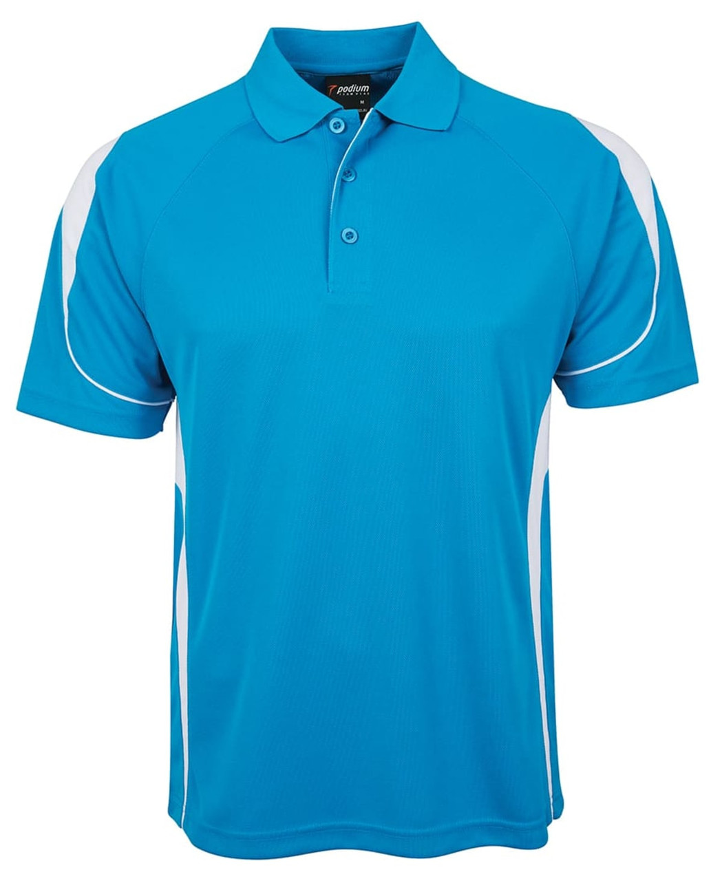 A blue polo shirt with white accents and a branded logo on the chest.