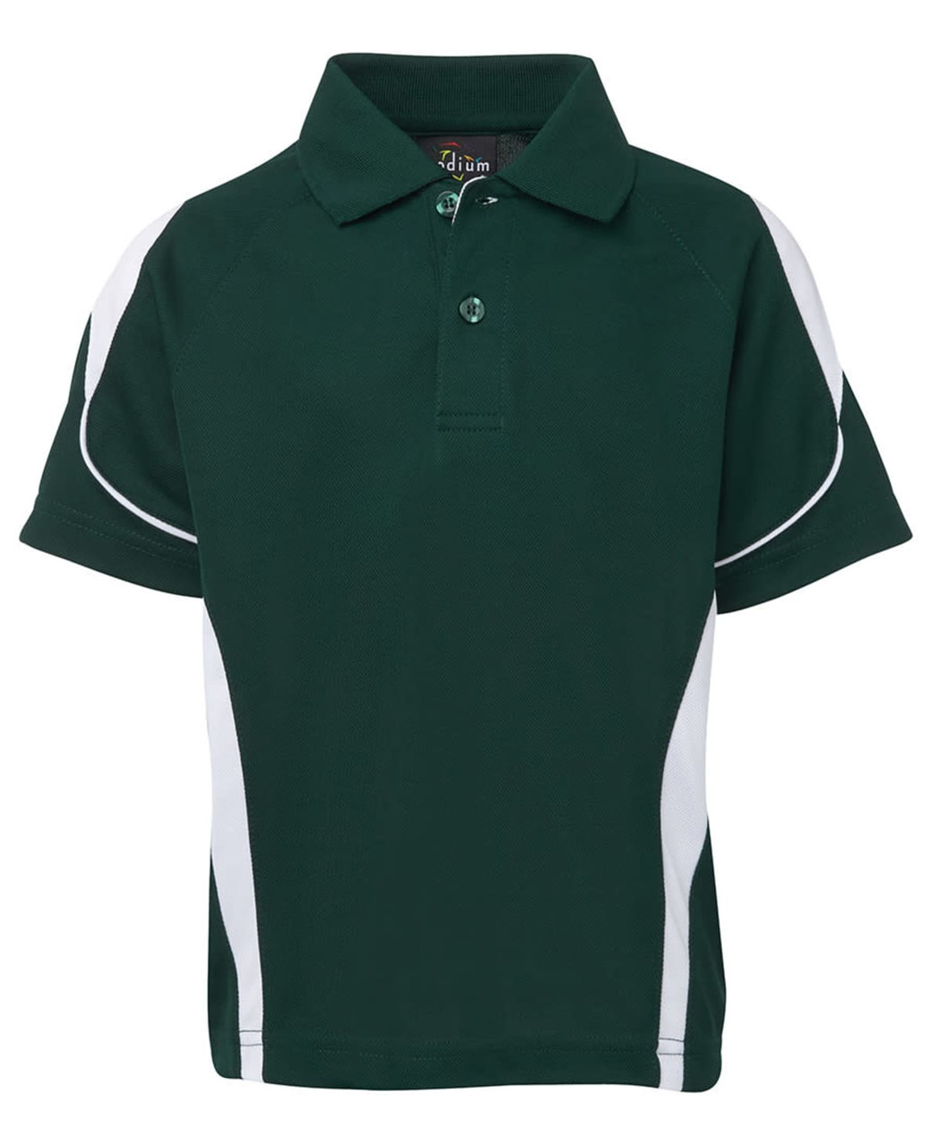 A green polo shirt with white detailing and a collar, featuring a logo.