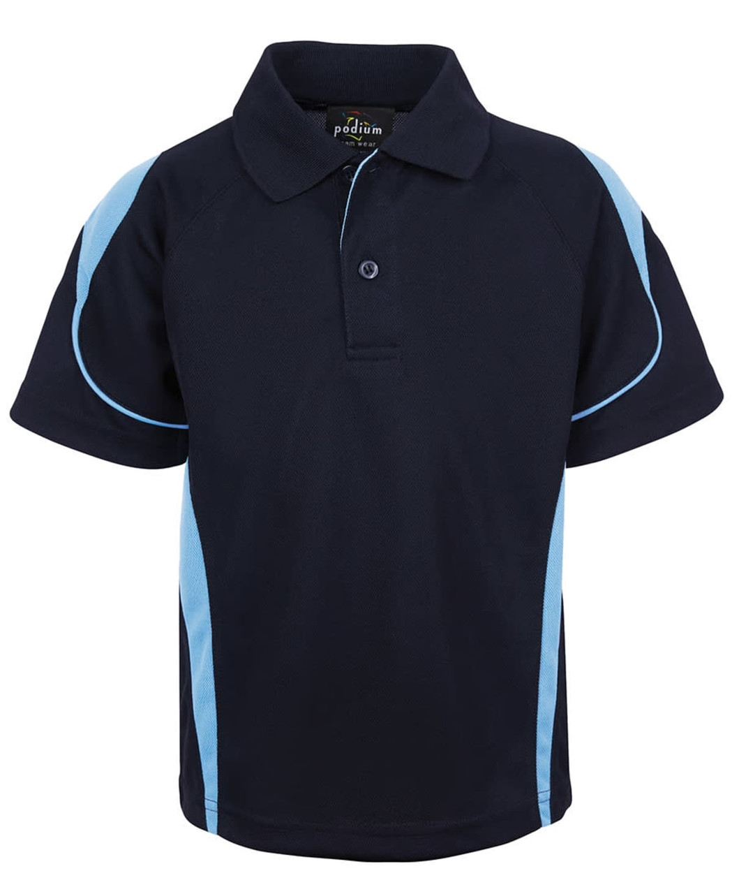 A navy polo shirt featuring light blue accents and a collar, with a logo at the neck.