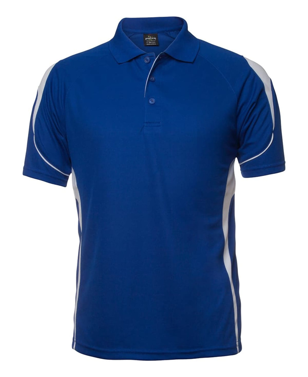 A blue polo shirt with white accents and a logo. It features a collared neck and short sleeves.