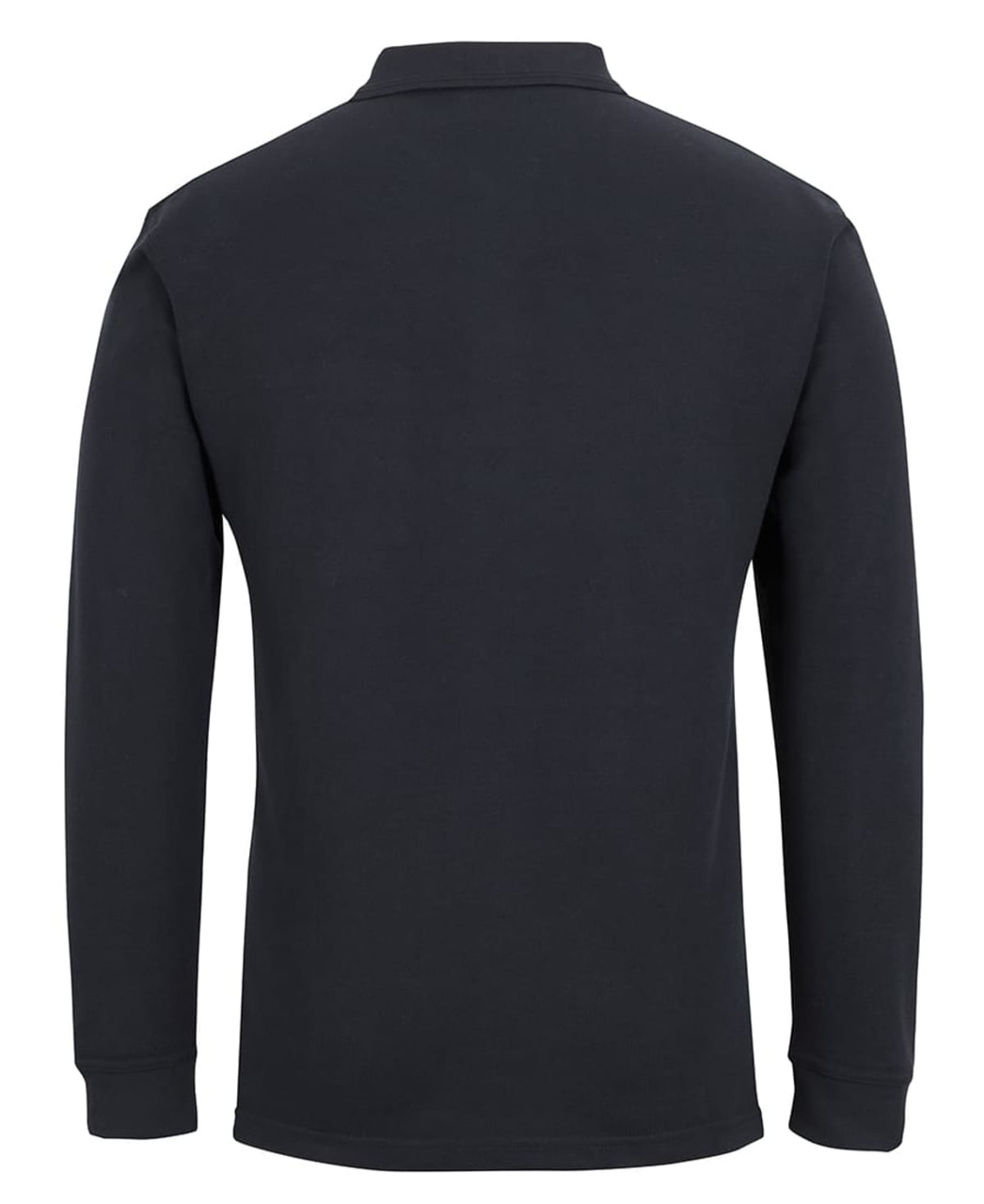 A long-sleeve black polo shirt featuring a classic collar and a small logo on the back.