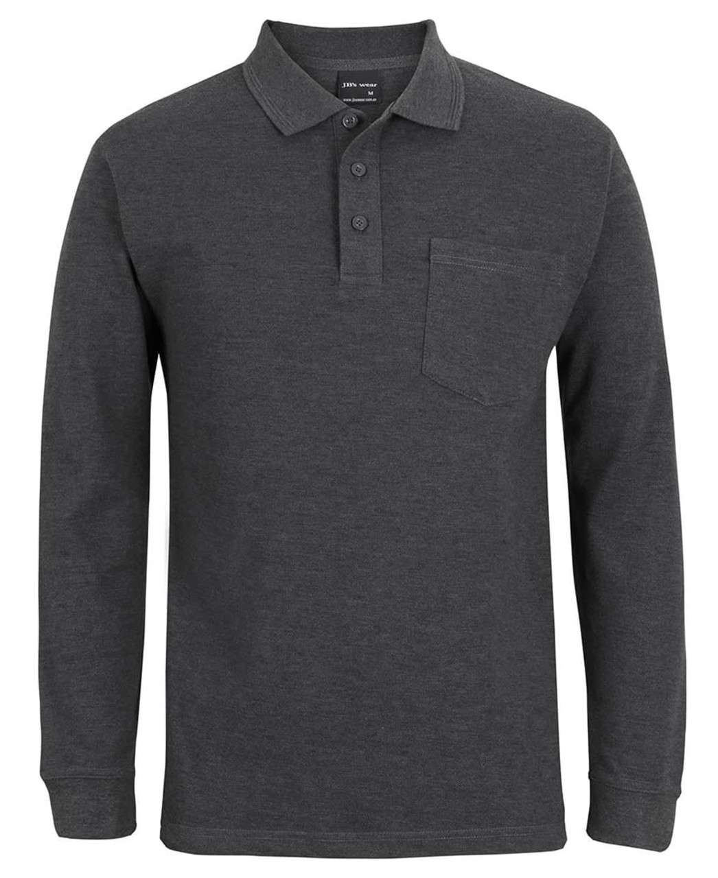 A long-sleeve polo shirt in charcoal grey with a pocket and a buttoned placket. Features branding on the chest.