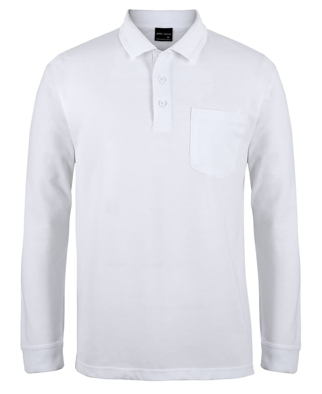 A white long-sleeve polo shirt featuring a pocket and a logo on the collar.