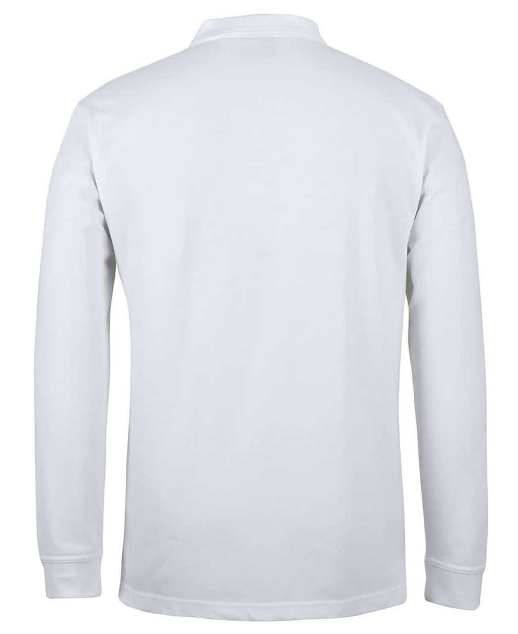 A long-sleeve white polo shirt featuring a classic collar and a logo on the chest.