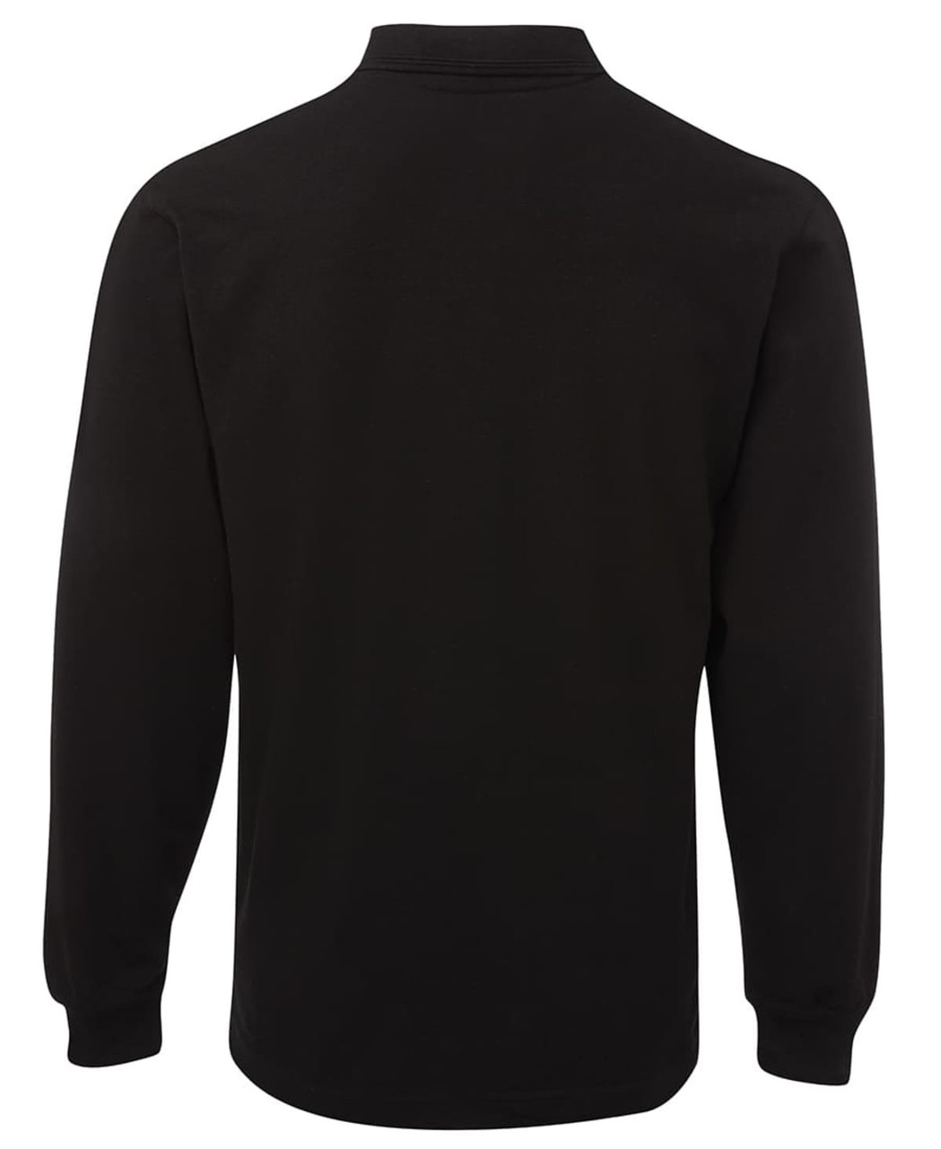 A black long-sleeve polo shirt with a collar and a plain back, featuring a logo.