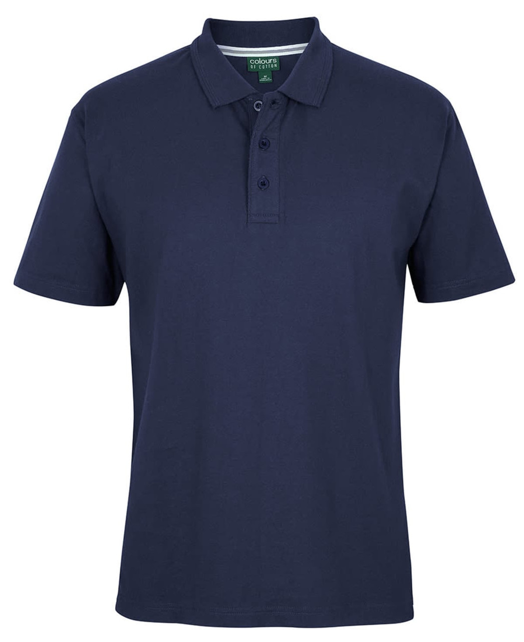 A navy blue polo shirt with a collar and three buttons, featuring a branding logo.