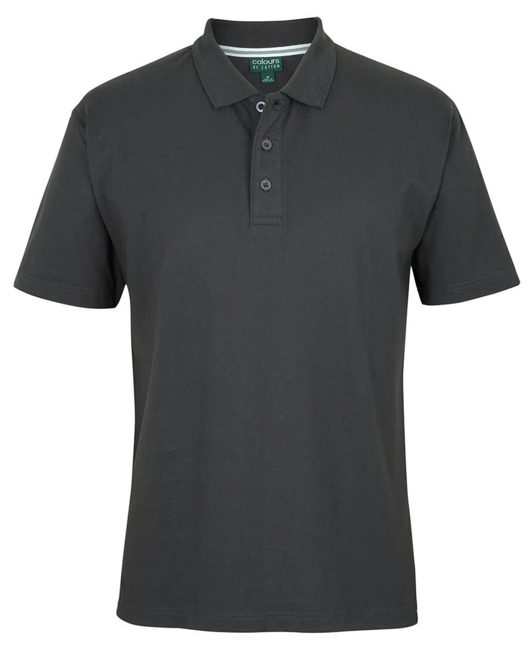 A dark grey polo shirt with a collar and three buttons, featuring a logo on the chest area.