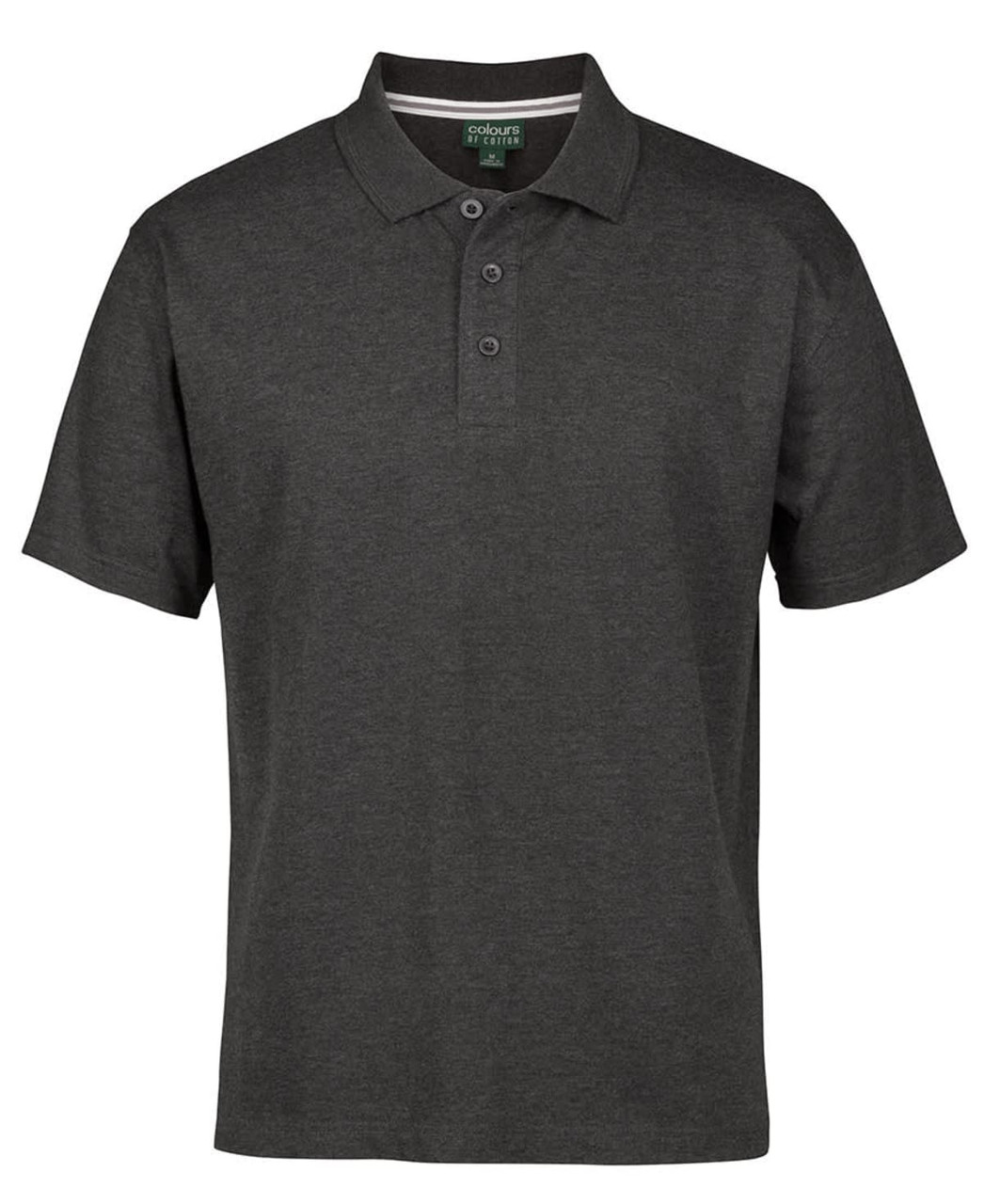A dark grey polo shirt featuring a three-button placket and short sleeves, with a logo on the chest.
