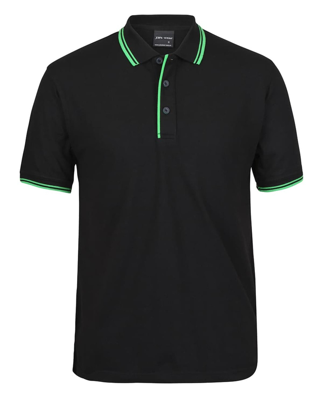 A black polo shirt featuring a collar and sleeve trims in bright green, with a logo on the chest.
