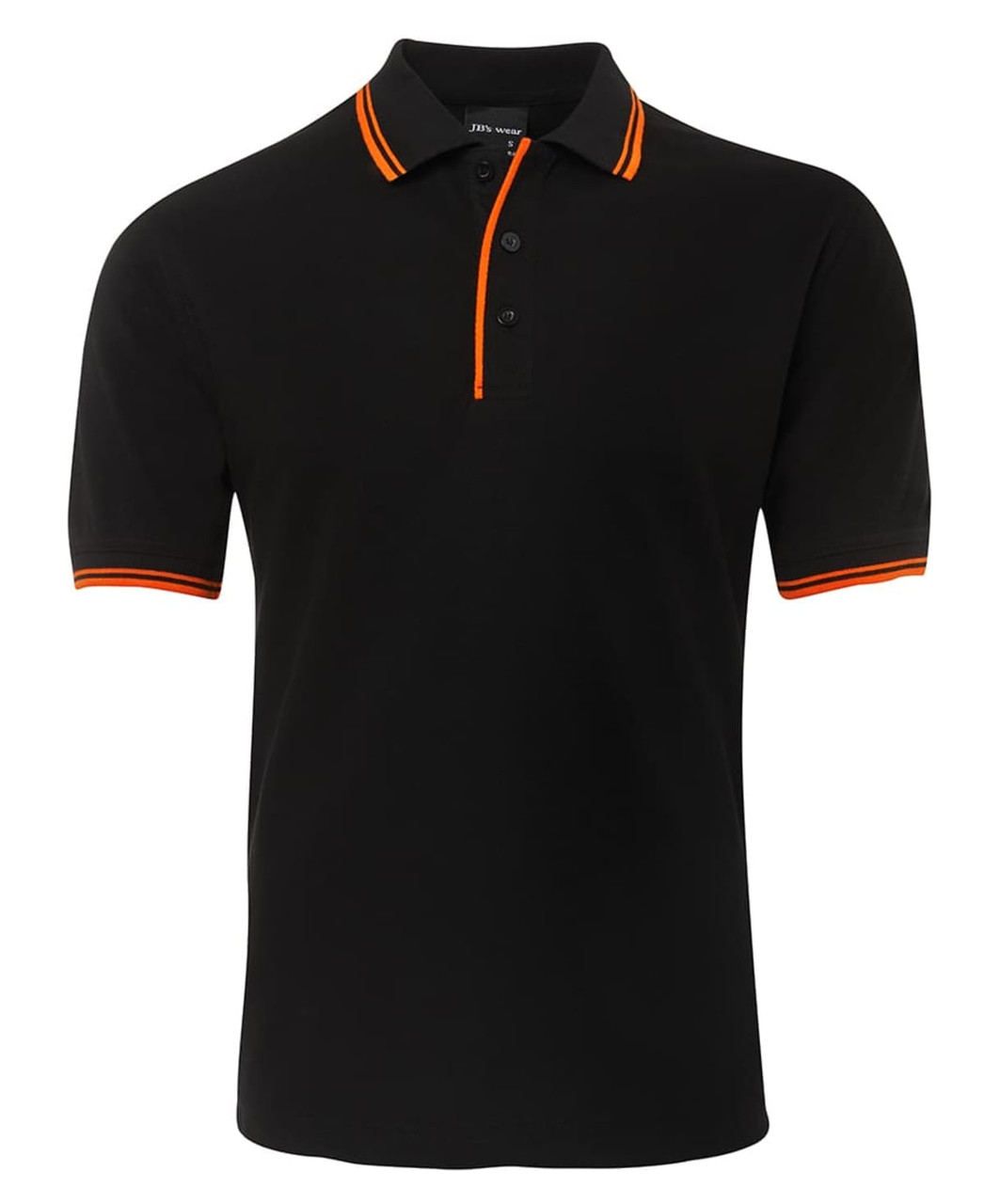 A black polo shirt with contrasting orange stripes on the collar and sleeves. Features a logo on the chest.