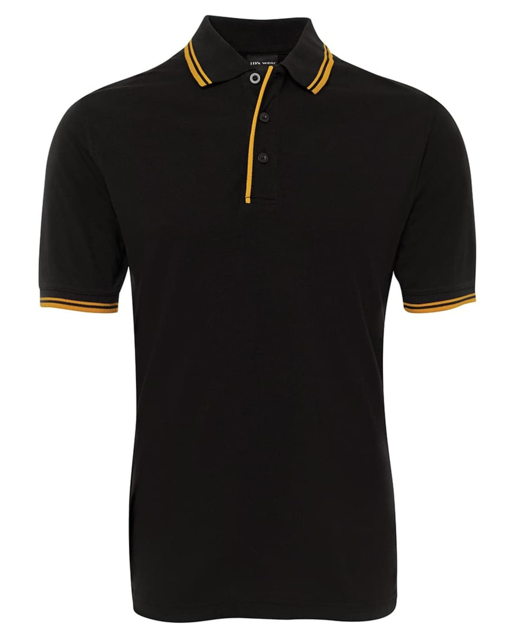 A black polo shirt featuring yellow contrasting stripes on the collar and sleeves. It has a logo on the chest.