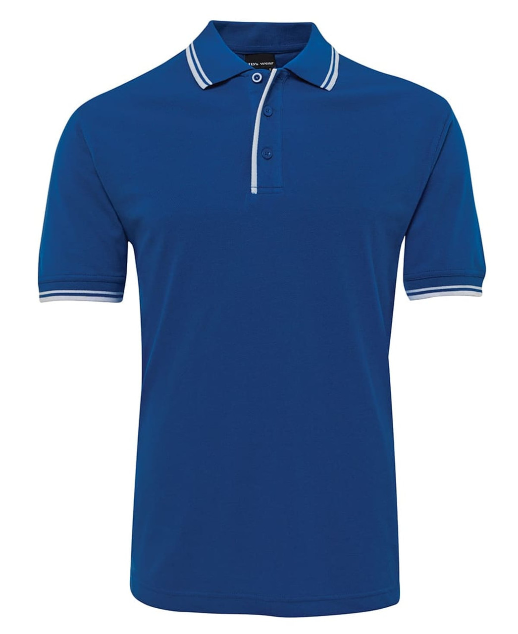 A blue polo shirt featuring contrasting trim on the collar and sleeves, with a logo on the chest.