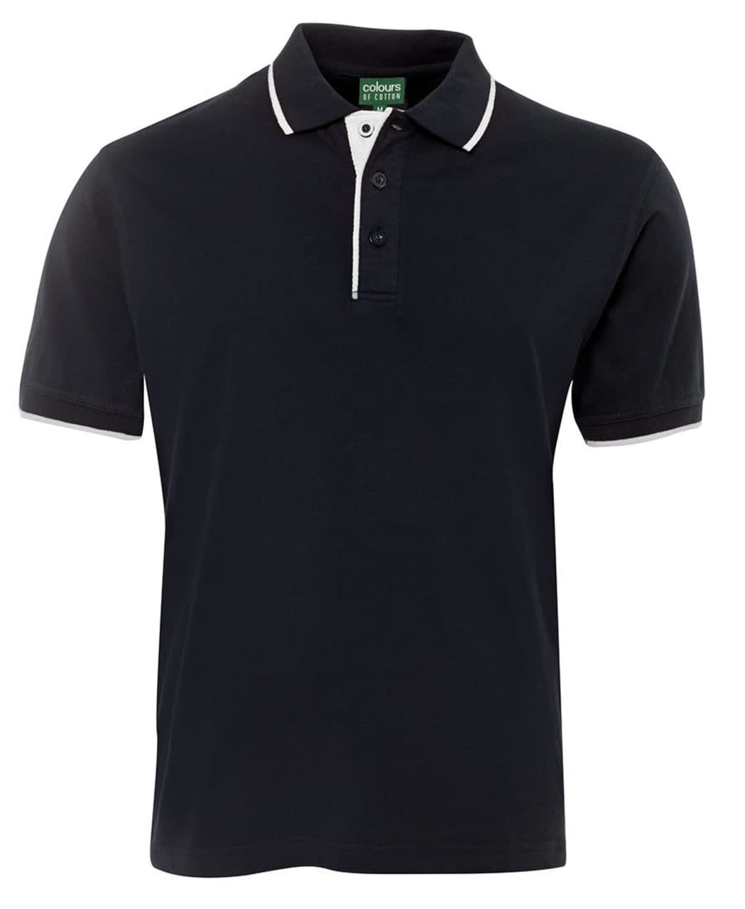 A navy polo shirt with a white collar and three buttons, featuring a logo on the chest.