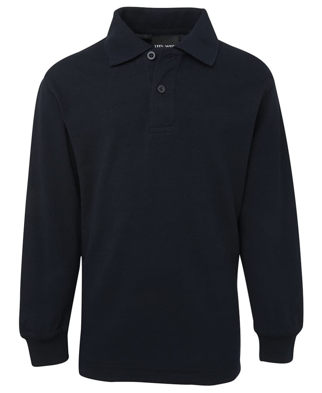 A long-sleeve navy polo shirt featuring a collar, buttons, and a logo. Suitable for kids.