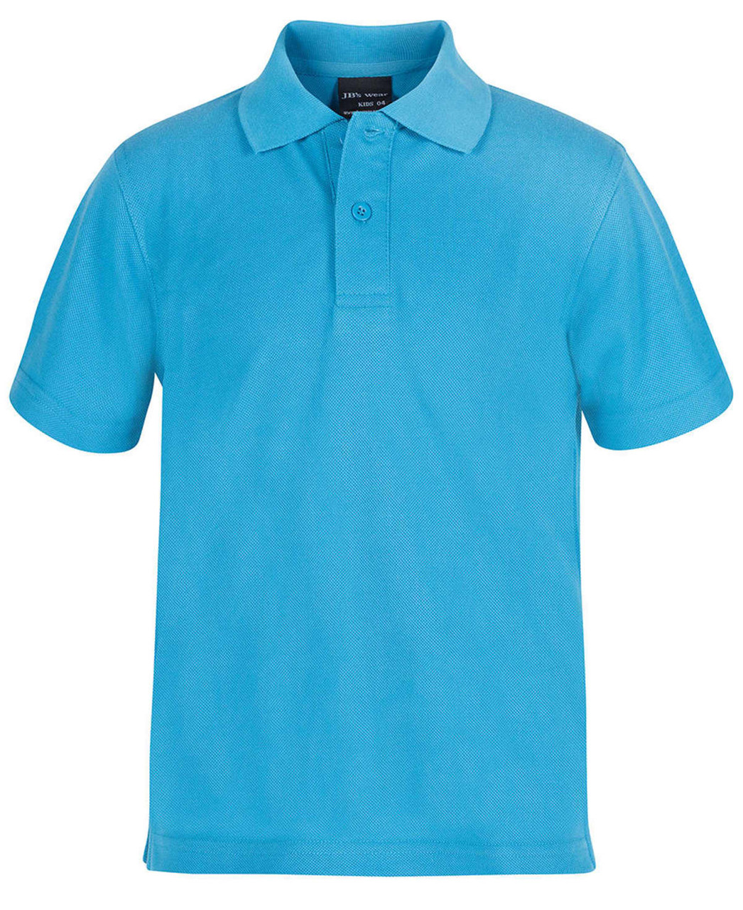A blue short-sleeve polo shirt featuring a collar and a button placket, with a logo.