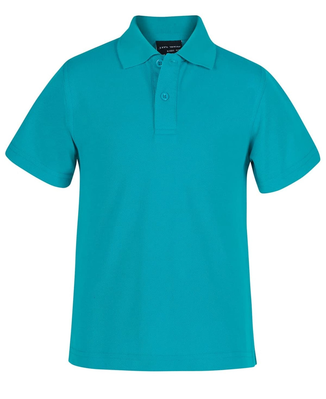 A turquoise polo shirt with a collared neckline and short sleeves. It features a button placket and a logo.