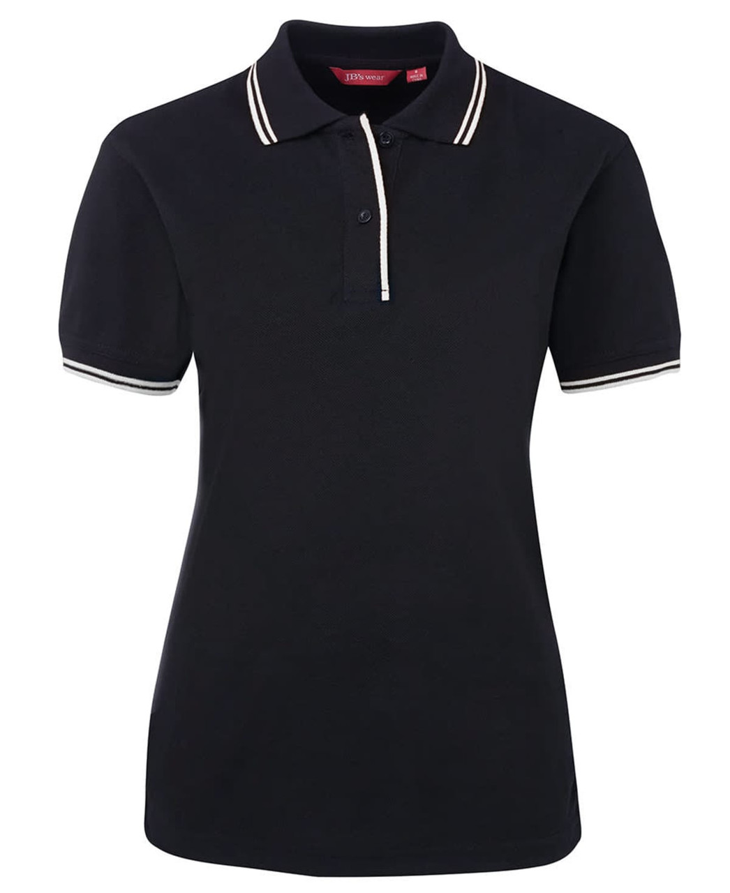 A black ladies' polo shirt with contrasting white trim on the collar and sleeves. It features a logo on the chest.