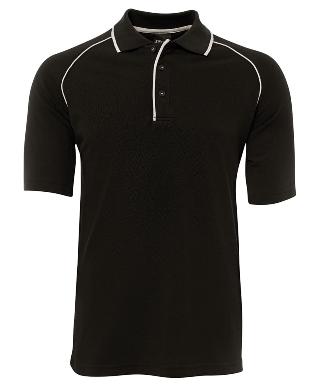 A black raglan polo shirt featuring short sleeves and a contrasting trim. It has a logo on the collar.