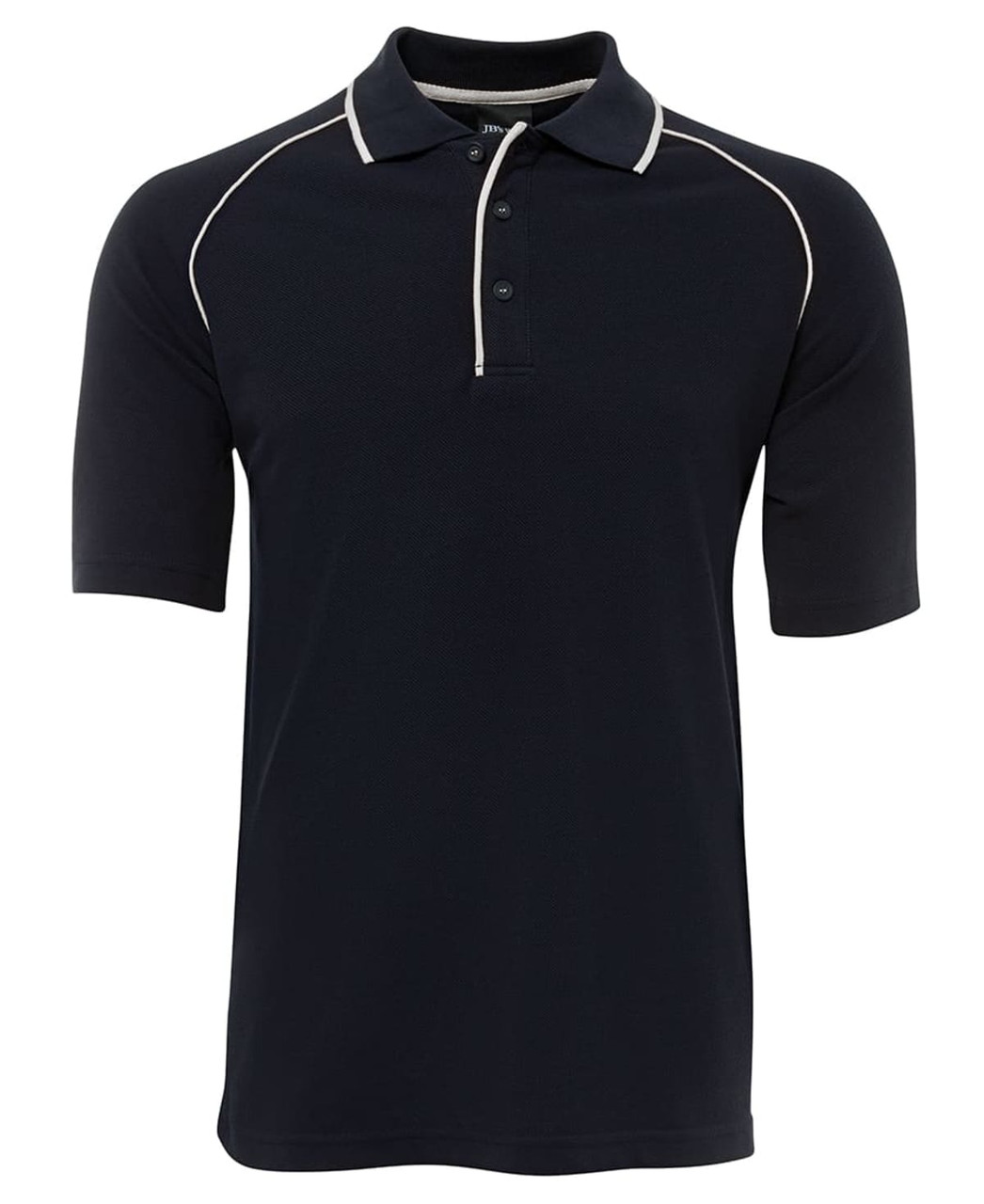 A black raglan polo shirt featuring short sleeves and contrasting trim. Includes a brand logo.