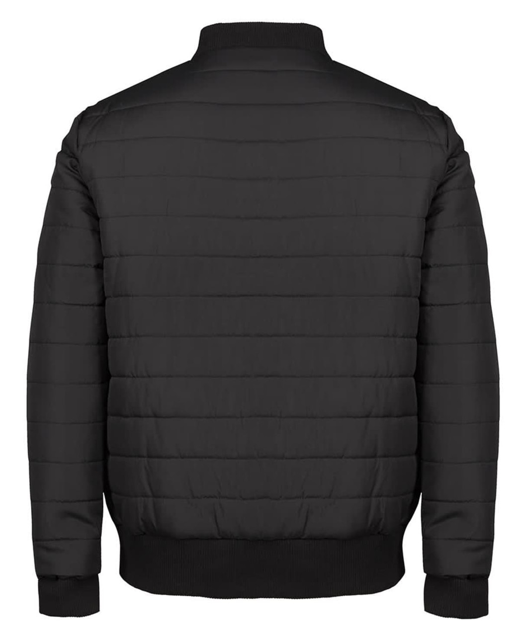 A black puffer bomber jacket featuring a quilted design and a ribbed collar. The back view shows a smooth finish.