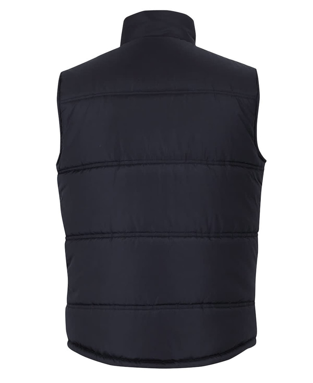 A black puffer vest with a quilted design, featuring a high collar and no visible front pockets. It has a logo.
