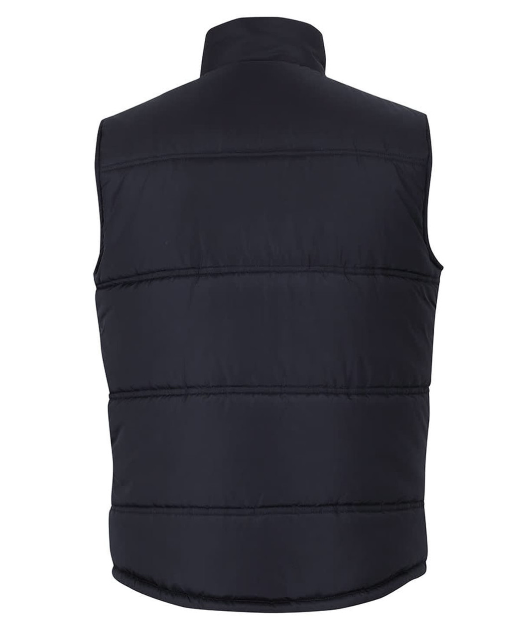 A black puffer vest with a high collar and vertical quilted design, featuring a logo on the back.