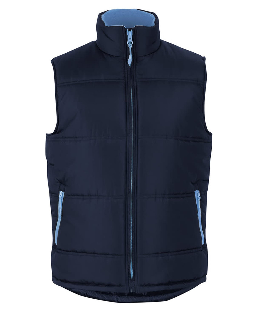 A navy puffer vest with light blue zippers and a high collar, featuring a logo on the chest.