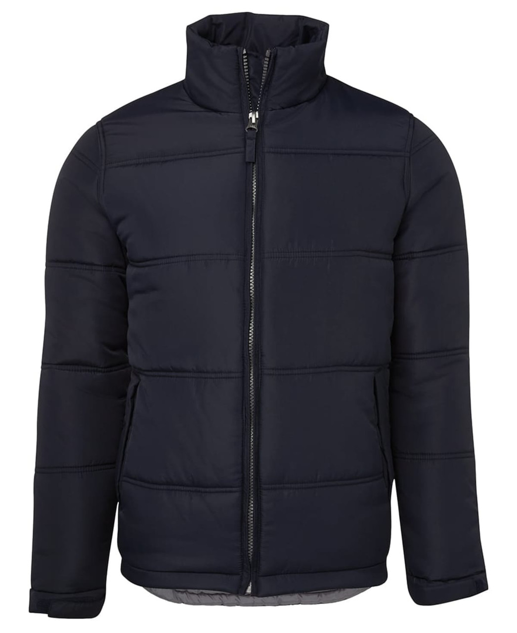 A navy puffer jacket with a zippered front and high collar, featuring a logo on the chest area.