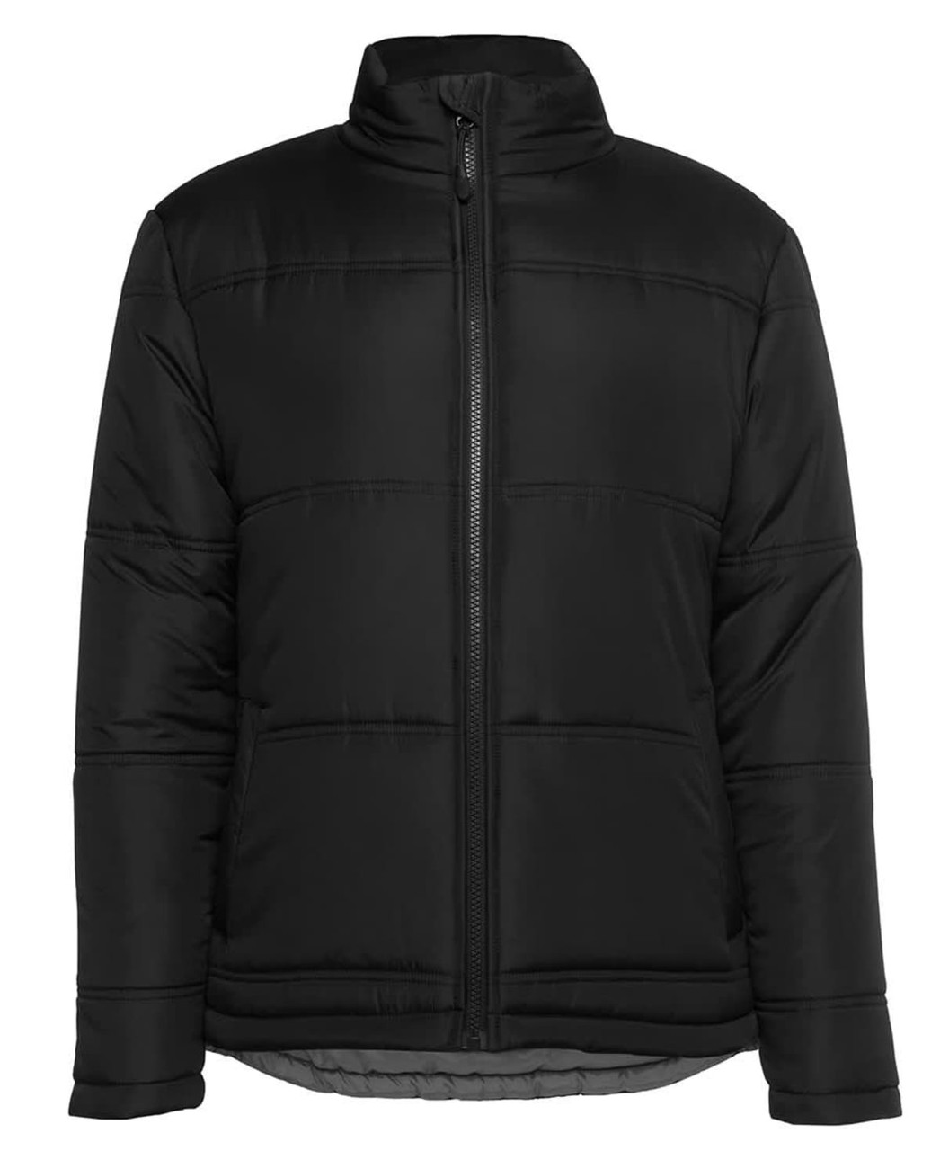 A black and grey puffer jacket featuring a zip front and a high collar, with a logo on the chest.