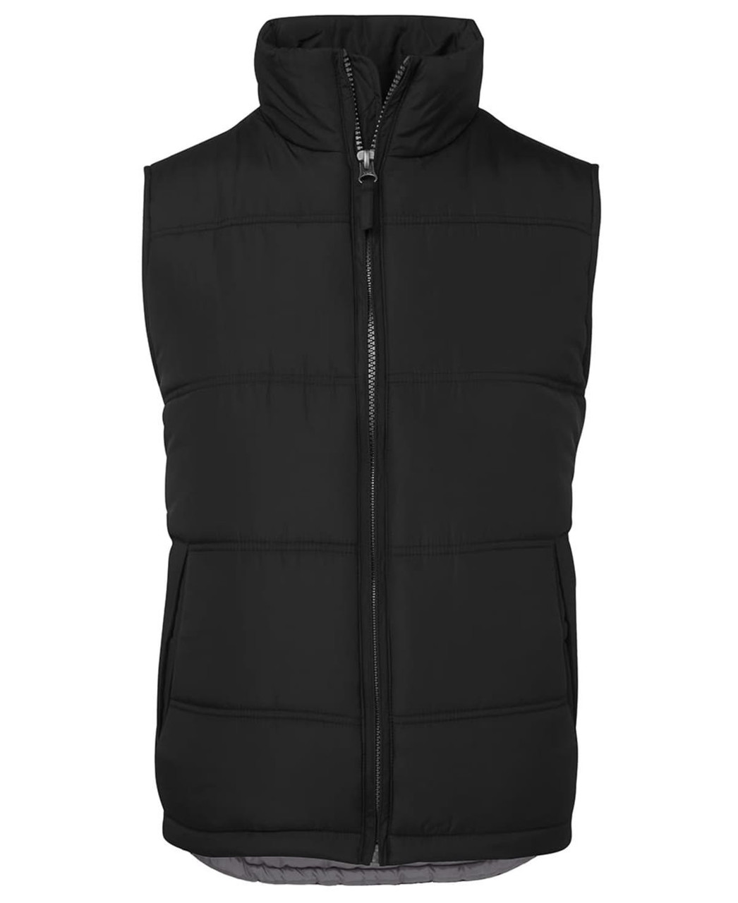 A black puffer vest with a high collar and zip closure, featuring padded sections and an internal lining.