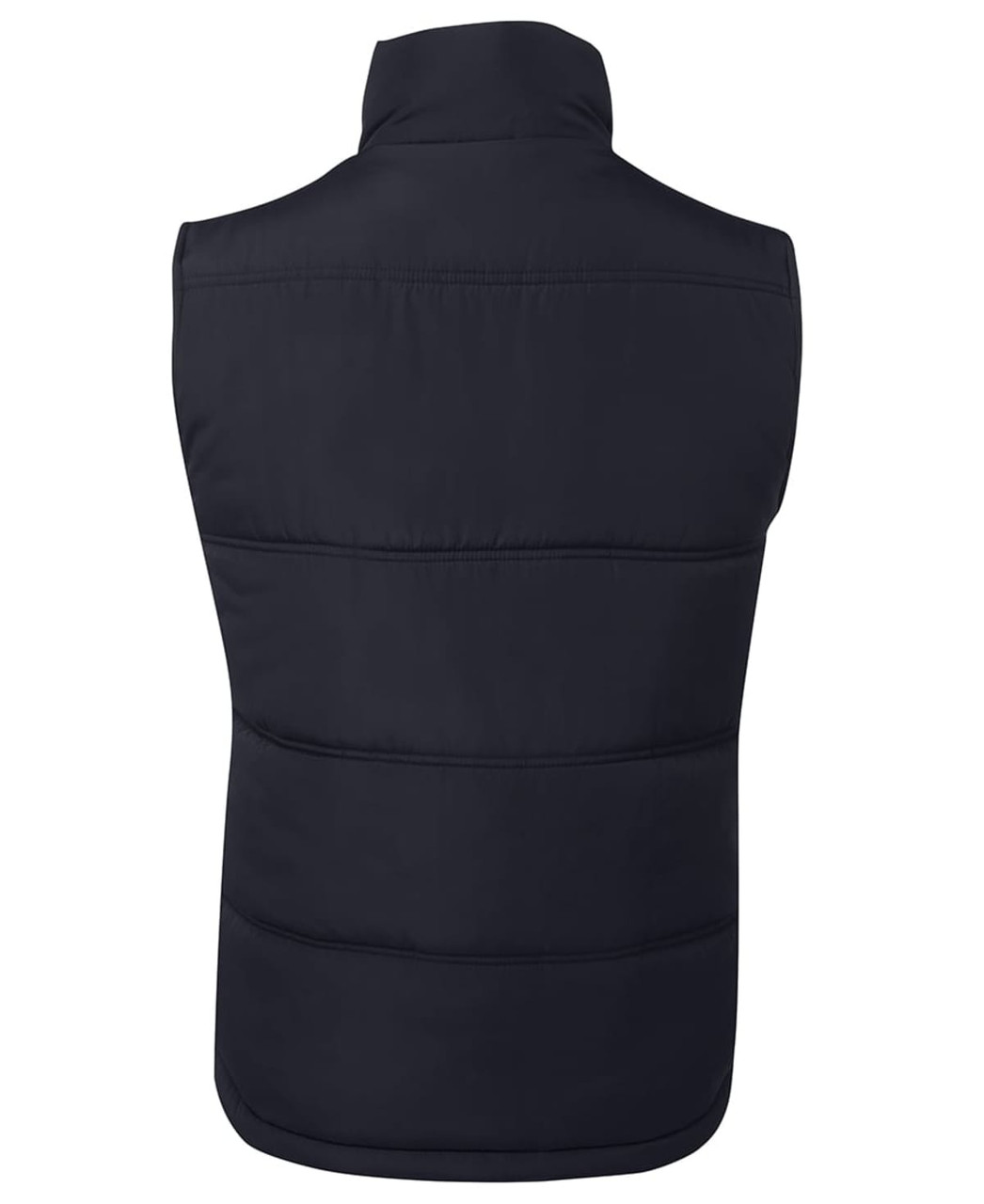 A black padded vest with a high collar and quilted design, featuring a logo on the back.